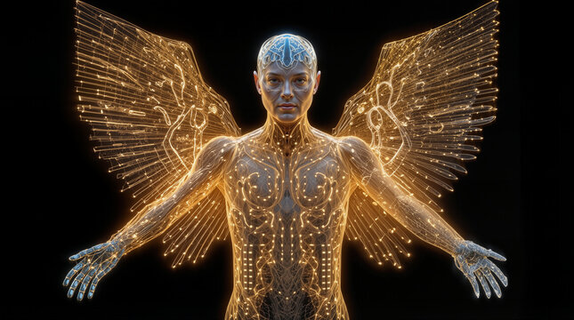 A humanoid figure is displayed in a dark environment. It features glowing wings and intricate patterns on its body