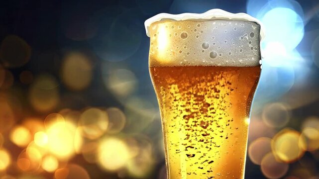 A tall clear glass of effervescent golden ale with a thick white foamy head set against a dark out-of-focus background with warm and cool glowing lights