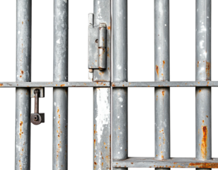 Close-up of aged, vertical metal bars and a secure locking mechanism