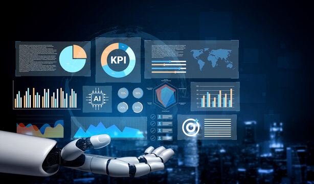 A robotic hand presents a futuristic analytics dashboard with various data visualization elements, emphasizing technology and innovation in digital decision-making. Gantry