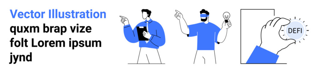 Blockchain technology, decentralized finance, fintech, innovation, cryptocurrency, digital assets. People interacting with devices, showing Defi token illustration. Blockchain and decentralized