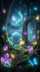Obraz premium A forest at night shows an arch made of stones with colorful crystals and butterflies. The lake reflects the northern lights. Trees surround the scene creating a mystical atmosphere