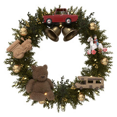 3D rendered Christmas wreath filled with retro wooden toys and a teddy bear, isolated on a transparent background
