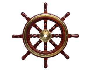 Close-up studio shot of a classic ship's steering wheel with wooden spokes and brass accents
