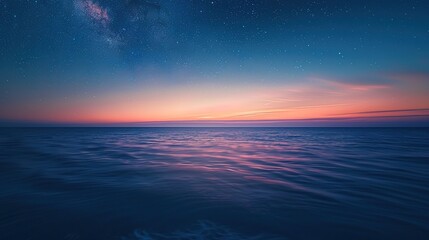 Fototapeta premium Serene Night Beach Shoreline with Gentle Waves, Star-Dense Sky, and Milky Way Reflections; Calm Dark Blue Ocean Surface Glowing Under Moonlight, Gradient Sky Reflections; Massive Curling Ocean Waves