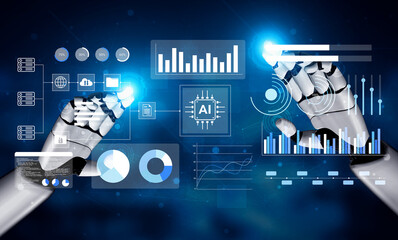 Robotic hands engaging with an advanced digital interface, presenting various data visualizations and analytics related to artificial intelligence and technology trends. Gantry