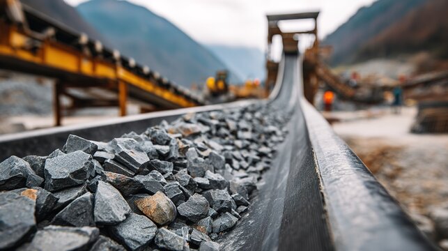 Industrial Conveyor: A robust conveyor belt efficiently transports a load of rugged rocks, hinting at the powerful processes of industry. Focus on the raw materials and mechanical efficiency