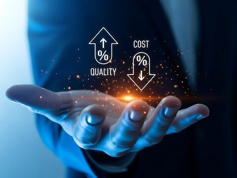 Hand holding graphic icons for quality increase and cost decrease image