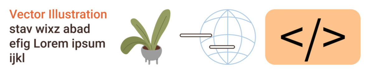 Web development, coding education, software design, online learning, tech innovation, modern interface. Potted plant, globe coding symbol. Web development and coding education concept