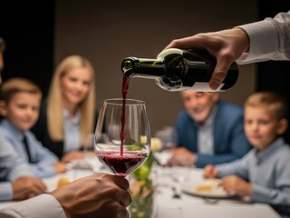 Waiter pours red wine from bottle into wine glass during family dinner celebration at restaurant table with blurred background