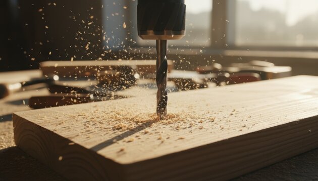 Drill Bit Drilling into Wood Plank - Powered by Adobe