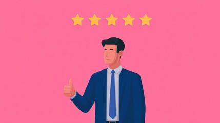 A confident man in a suit gives a thumbs-up, with five golden stars above him, symbolizing high ratings or excellent service.