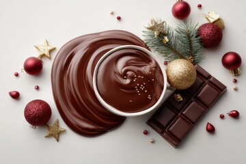 A bowl of melted chocolate surrounded by festive ornaments and pine, symbolizing indulgence and warmth, ideal for Christmas advertising or food campaigns.