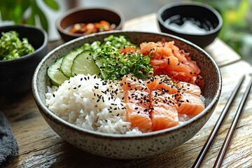Fresh sashimi bowl with cucumber slices high resolution picture