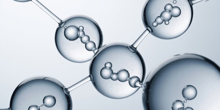 Collagen peptide in clear glass spheres with subtle blue-white highlights and micro-bubbles showcasing chrome bonds.