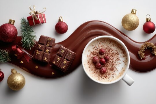 Cup of cappuccino with chocolate and berries among Christmas gifts and ornaments, evoking comfort and joy, ideal for lifestyle or cafe promotions.