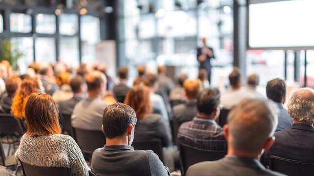 Knowledge Sharing Event: A blurred audience attentively listens to a speaker at a professional seminar, fostering an atmosphere of learning and engagement. 