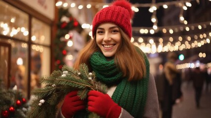 Eine junge Frau trägt eine rote Strickmütze, einen grünen Schal  und hat Tannenzweige