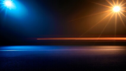 A captivating nighttime road scene featuring vibrant light trails from passing vehicles, illuminated by blue and orange lights, creating a dynamic atmosphere and showcasing motion and energy