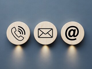 Three wooden circles with phone email and at symbol icons on blue background communication