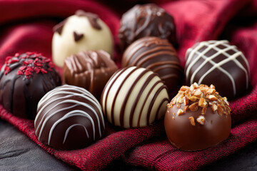 Assorted gourmet chocolate truffles on red cloth