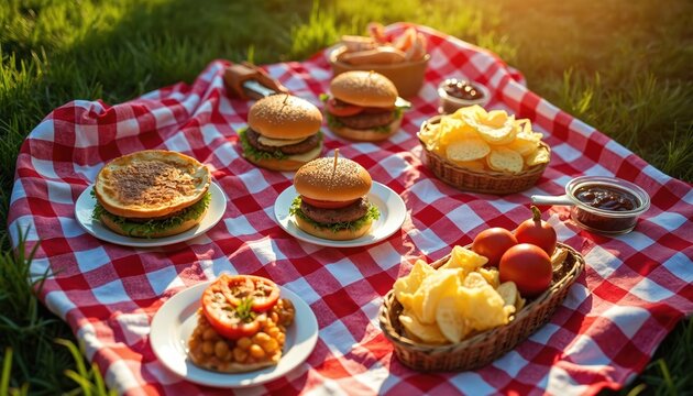 Hamburgers, chips, and baked beans with tomatoes sit on a checkered blanket. This outdoor picnic meal offers a classic American summer feast. Enjoying food in nature makes for a great day. - Powered by Adobe