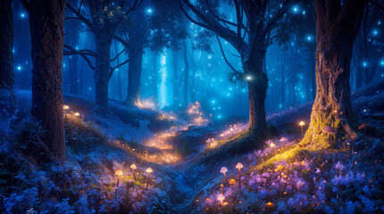 Fototapeta premium Mushrooms light up the forest floor at night. Trees stand tall in the background. Blue light shines through the branches. Flowers add color to the scene
