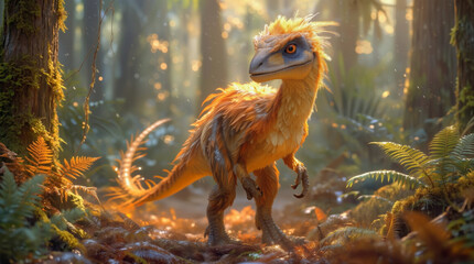 Obraz premium A dinosaur with bright orange feathers moves through a dense forest. Sunlight filters through trees, highlighting ferns and moss. The scene captures a moment in a prehistoric world filled with life