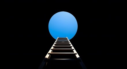 Wooden ladder ascending towards a bright blue circular opening in darkness stairs ascent