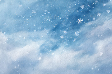 Obraz premium atercolor Style Blue Sky and Snowflakes Winter Background