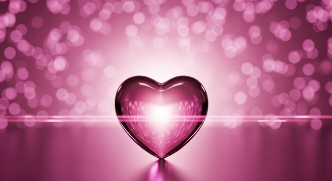 Glowing magenta glass heart centered on a reflective surface against a sparkling pink bokeh background. Valentine's Day concept.