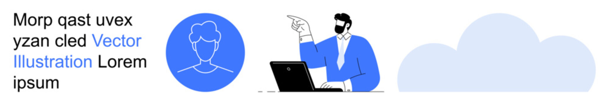 Remote teamwork, cloud technology, communication, data storage, modern business, and user interaction. A man pointing at a laptop screen and a blue avatar with a cloud in the background. Cloud
