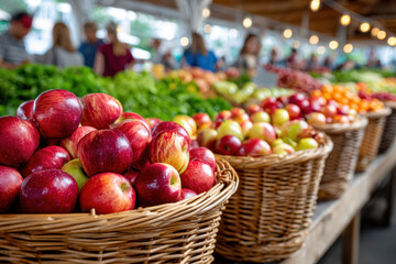 Fresh Red Apples in Baskets at a Farmers Market