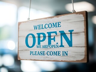Wooden sign with blue text welcome open please come in hanging image