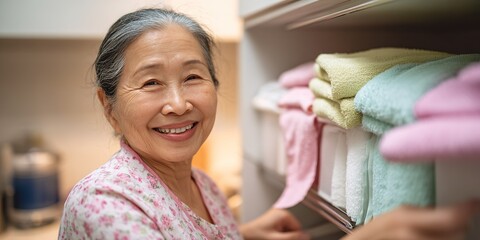 Woman organizes clean towels in home kitchen during daytime while smiling happily at the camera