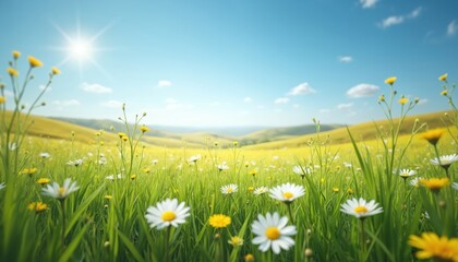 Scenic photo shows a sunlit field. Daisies and grass grow under a clear blue sky. A natural landscape with rolling hills presents a peaceful countryside scene.