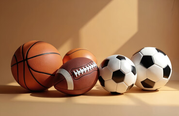 Five various sport balls lie on beige surface under soft light. Soccer football basketball, balls. Sport equipment for indoor, outdoor games. Healthy lifestyle concept recreation backdrop.