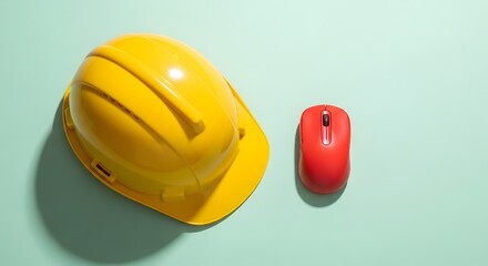 Fototapeta premium Yellow hard hat and red computer mouse on teal background safety construction