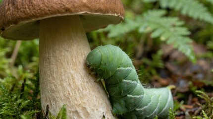 Green caterpillar crawls on a mushroom in a forest environment full of moss and fern