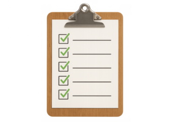 Clipboard displaying a completed checklist with green check marks indicating task accomplishment and organization
