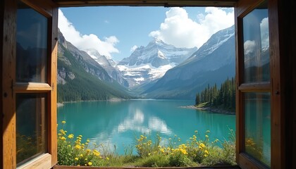 Open wooden window frames view of turquoise lake, snow capped mountains and green forest. Yellow wildflowers bloom in foreground, blue sky with clouds above.