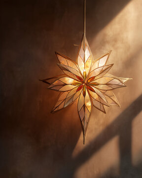 Glowing capiz shell Filipino parol star lantern casting warm light on rustic wall at golden hour