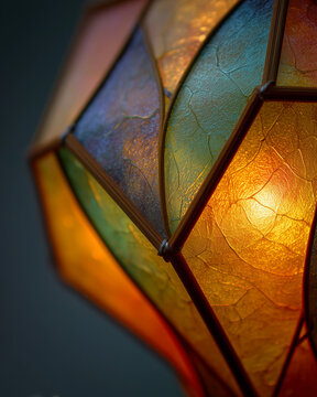 Macro texture of colorful capiz shell Filipino parol lantern with warm light shining through bamboo frame at night