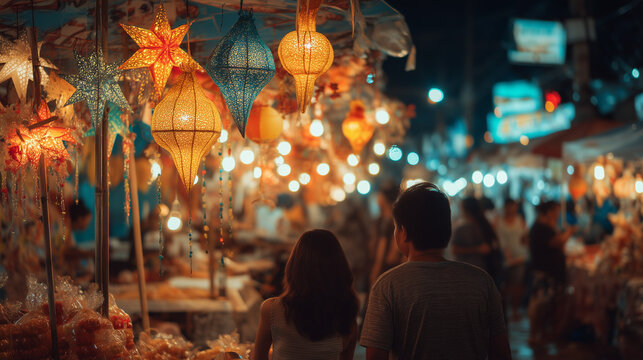 Couple walking through vibrant Filipino night market filled with glowing parol star lanterns and festive lights