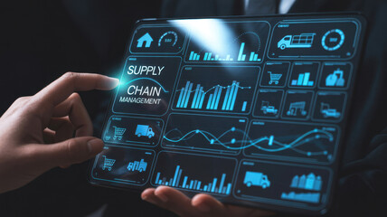 Supply chain management interface showing delivery routes, warehouse efficiency, cost savings, vehicle tracking, procurement ROI, and contract stages. Futuristic supply chain monitoring system. Thunk