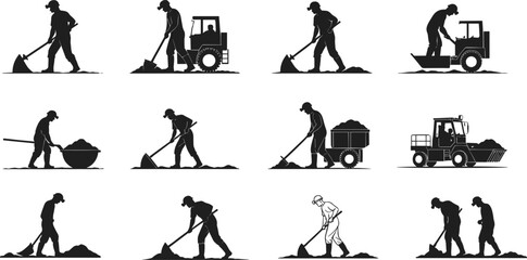Silhouette vector set of construction workers and farmers digging, shoveling, and operating heavy machinery like tractors and dump trucks in agriculture or industry. © Rima