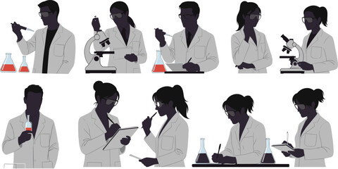 Vector illustration collection of diverse scientists working in a laboratory, using microscopes, beakers, and pipettes for chemical research and scientific analysis.