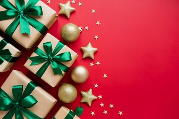 Merry Christmas and Happy Holidays greeting card, frame, banner. New Year. Noel. Red and white Christmas decorations and g top view. Winter xmas holiday celebration