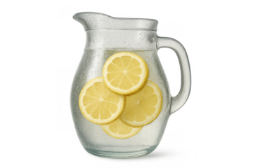 Glass pitcher holding a healthy drink with water and fresh lemon slices, symbolizing refreshment, detox, and natural well-being
