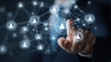 Obraz premium Digital Connection: A network of interconnected individuals is represented through glowing lines and dots, as a single fingertip reaches out to establish a connection.